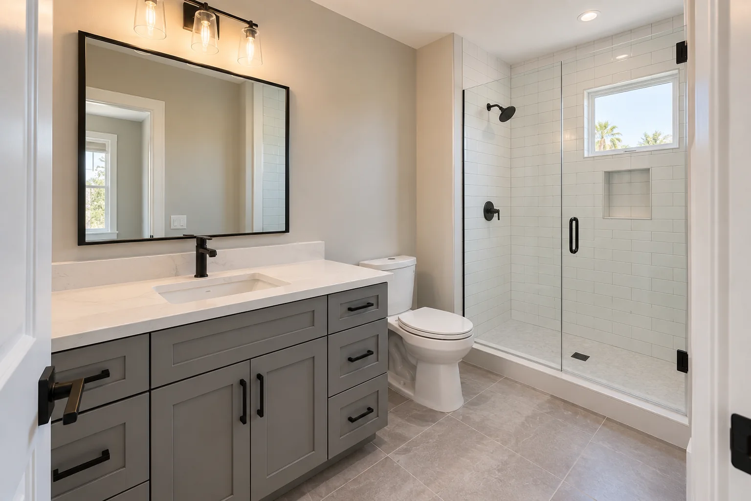 Finished bathroom with vanity, trim, tile, and finish carpentry by Westpeak Construction in Orange County