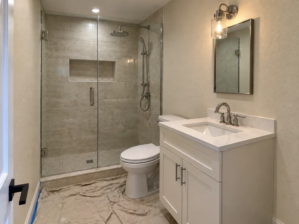 Completed bathroom remodel in Huntington Beach by Westpeak Construction